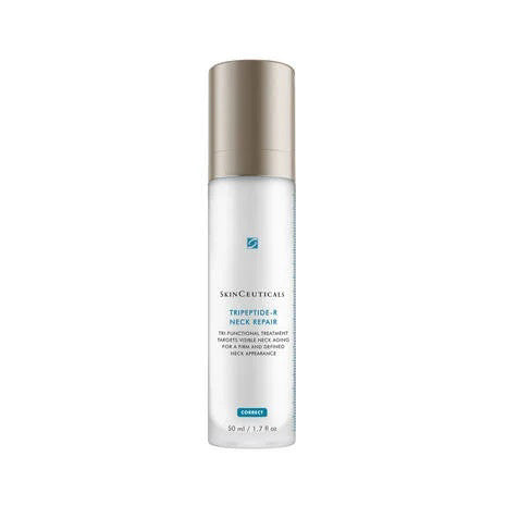 A bottle of SKINCEUTICALS - TRIPEPTIDE-R NECK REPAIR by Skin Ceuticals, a retinol neck firming treatment with a white body, metallic cap, and blue accents, stands upright on a plain white background with product name on the label.