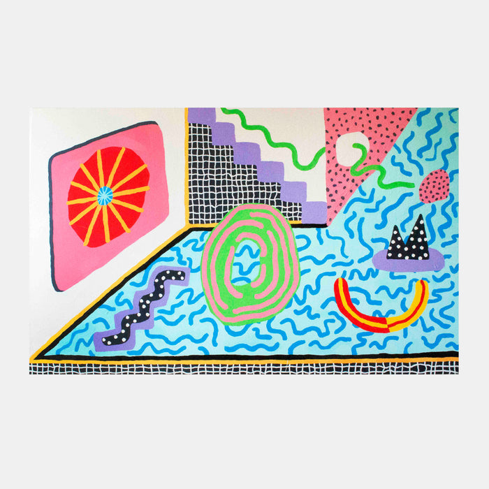 The artwork 'Slippery Watermelon Tossed in the Deep End' by Ryan Patrick Martin features a vibrant abstract composition with a pink geometric watermelon slice, wavy blue pool patterns, and playful geometric shapes. Purple steps, green spirals, and black grid patterns create a dynamic poolside scene rendered in acrylic and enamel on canvas by Ryan Patrick Martin.