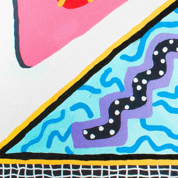 The artwork 'Slippery Watermelon Tossed in the Deep End' features abstract geometric patterns with wavy lines in powder blue and purple, dotted black zigzag motifs, and vibrant watermelon pink shapes. White grid-like texture at bottom evokes pool tiles, capturing playful swimming pool nostalgia in acrylic and enamel by Ryan Patrick Martin.
