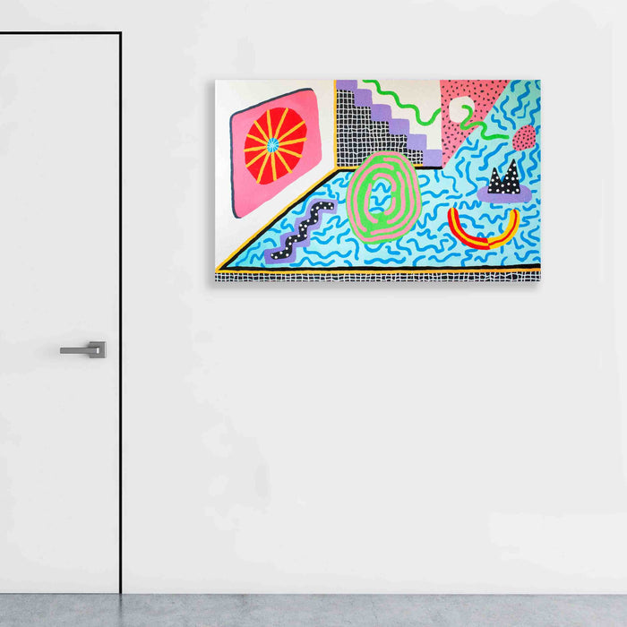 The artwork 'Slippery Watermelon Tossed in the Deep End' by Ryan Patrick Martin features abstract geometric patterns with vibrant pink watermelon slice, swirling blue waves, and playful dots reminiscent of pool water. The acrylic painting combines checkered patterns, curvy lines, and geometric shapes in powder blue and neon colors on canvas.