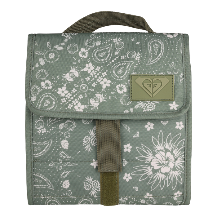 Introducing the Smiling Seagulls Lunch Bag by Roxy in Oil Green Boho Bandana—a delightful fabric lunch bag featuring a playful white floral and paisley print. It comes with a sturdy khaki handle, a convenient hook-and-loop closure, and is accented by a heart-shaped logo patch sewn on the front.