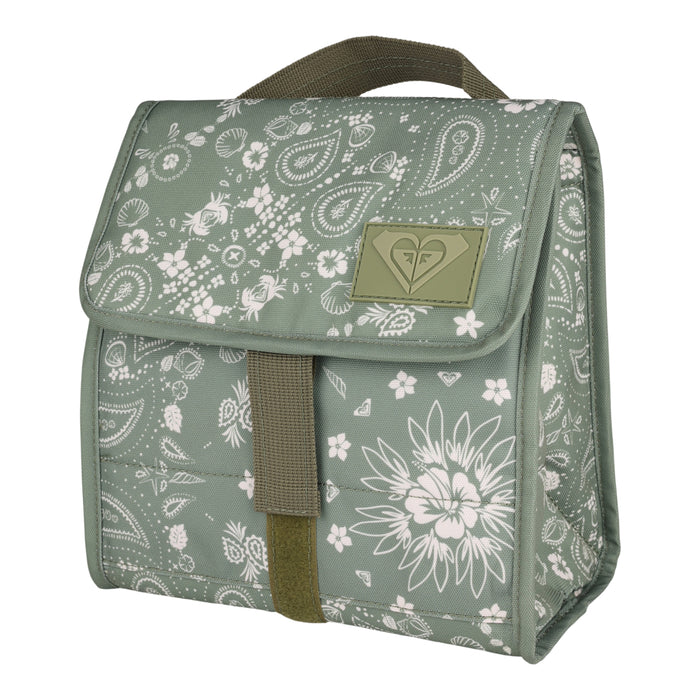 The Roxy Smiling Seagulls Lunch Bag is a delightful green bag adorned with a playful white floral and paisley print. It features a brown handle, a front Velcro strap, and a small logo patch displayed on the front flap.