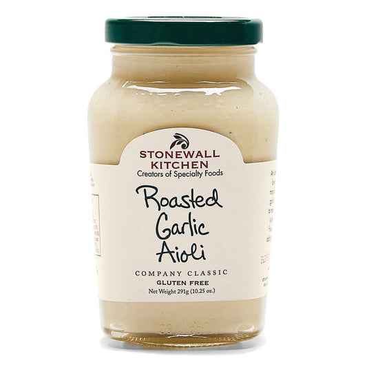 A jar of STONEWALL KITCHEN - ROASTED GARLIC AIOLI, featuring a dark green lid, is a company classic and creamy mayonnaise that is gluten-free, weighing 291 grams (10.25 oz).