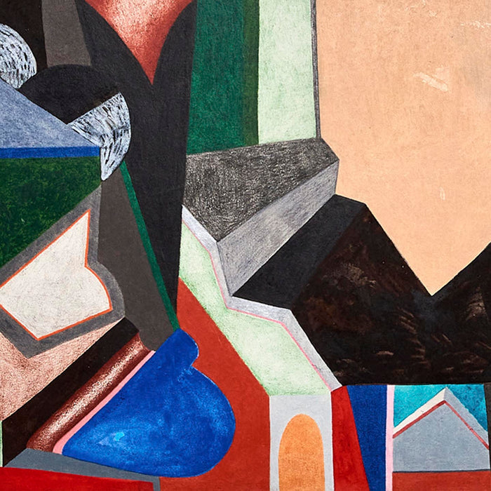 The artwork 'Structure' by Sasha Hallock features an abstract geometric composition with bold angular shapes, including triangles and polygons in vibrant colors of deep blue, coral red, emerald green, and peach. Mixed media on paper mounted on wood creates textural contrasts between matte and glossy surfaces, emphasizing architectural forms and dynamic spatial relationships.