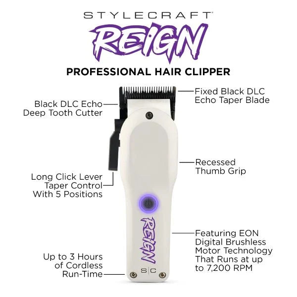 Stylecraft Reign Professional Hair Clipper with EON Digital Brushless Motor - White