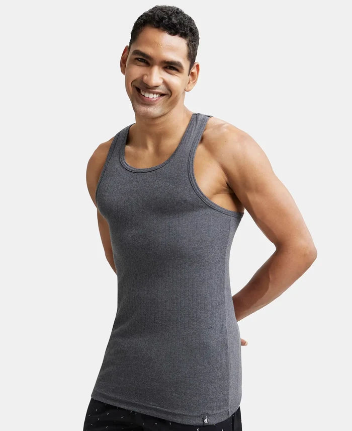 Super Combed Cotton Rib Round Neck with Racer Back Gym Vest - Charcoal Melange-5