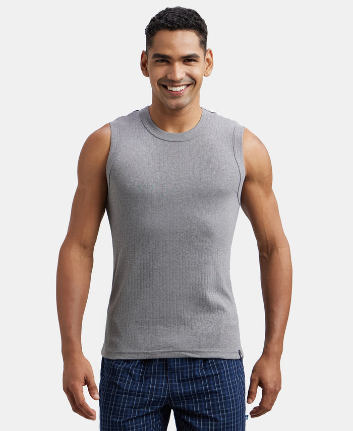 Super Combed Cotton Rib Solid Round Neck Muscle Vest - Grey Melange-1