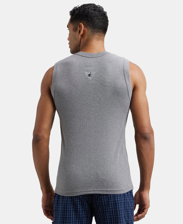 Super Combed Cotton Rib Solid Round Neck Muscle Vest - Grey Melange-3