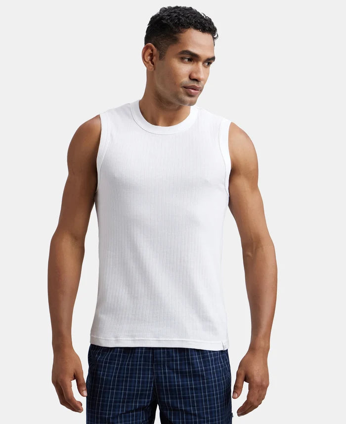 Super Combed Cotton Rib Solid Round Neck Muscle Vest - White-1