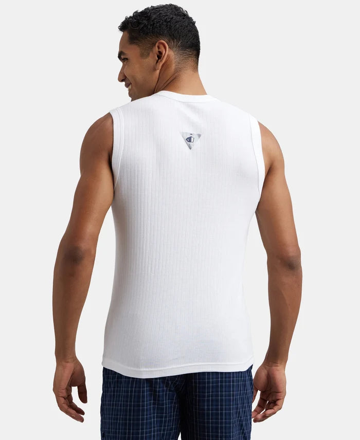 Super Combed Cotton Rib Solid Round Neck Muscle Vest - White-3