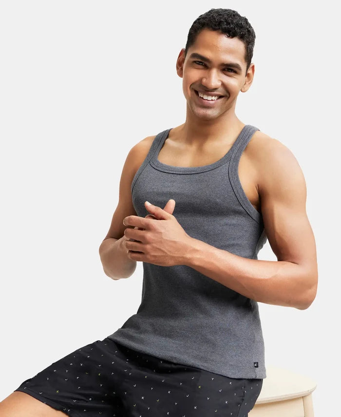 Super Combed Cotton Rib Square Neck Gym Vest - Charcoal Melange-5