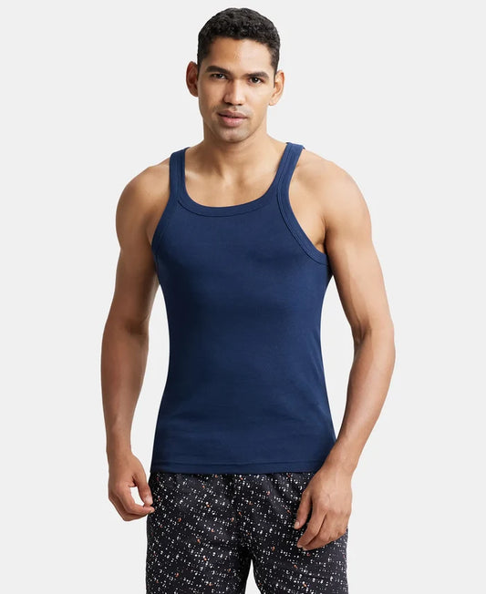 Super Combed Cotton Rib Square Neck Gym Vest - Navy-1