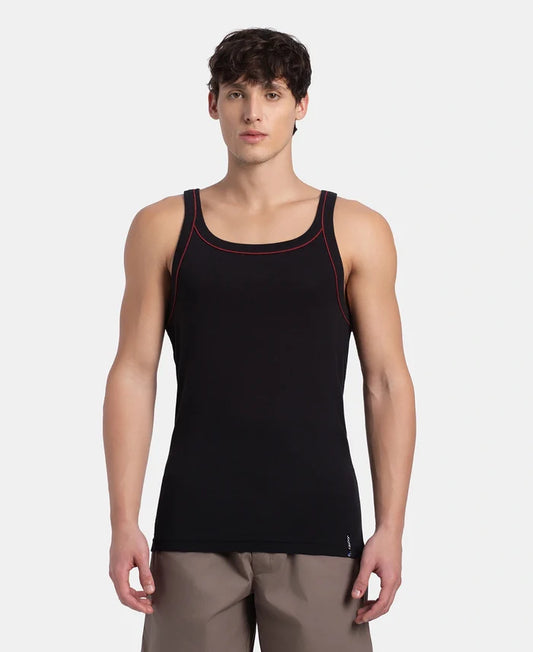 Super Combed Cotton Rib Square Neck Gym Vest with Graphic Print - Black & Grey Melange