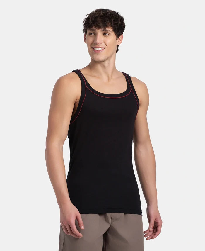 Super Combed Cotton Rib Square Neck Gym Vest with Graphic Print - Black & Grey Melange