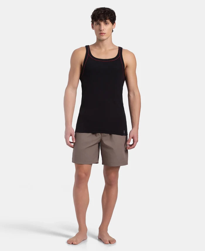 Super Combed Cotton Rib Square Neck Gym Vest with Graphic Print - Black & Grey Melange