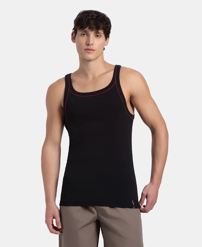 Super Combed Cotton Rib Square Neck Gym Vest with Graphic Print - Black & Grey Melange