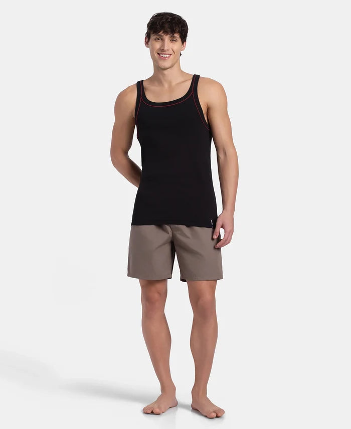 Super Combed Cotton Rib Square Neck Gym Vest with Graphic Print - Black & Grey Melange