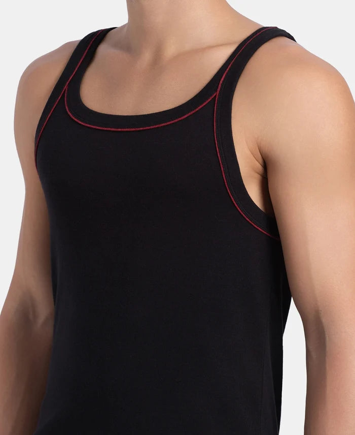 Super Combed Cotton Rib Square Neck Gym Vest with Graphic Print - Black & Grey Melange