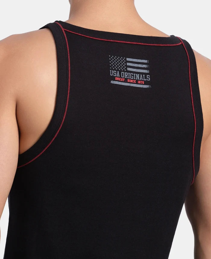Super Combed Cotton Rib Square Neck Gym Vest with Graphic Print - Black & Grey Melange