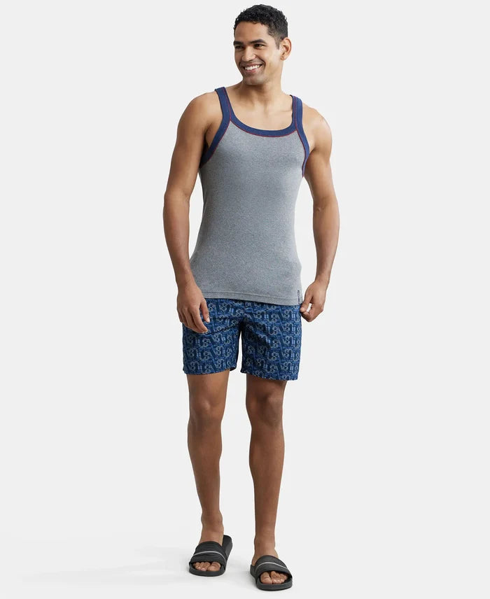 Super Combed Cotton Rib Square Neck Gym Vest with Graphic Print - Grey Melange & Ink Blue-4