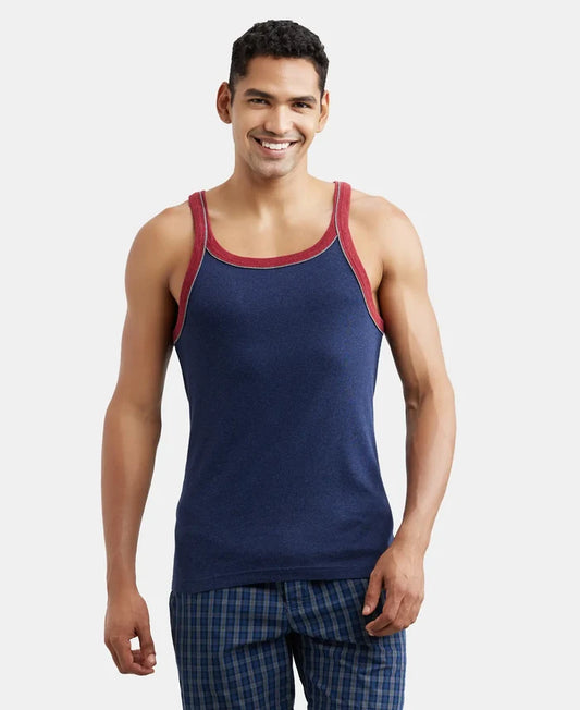 Super Combed Cotton Rib Square Neck Gym Vest with Graphic Print - Ink Blue Melange