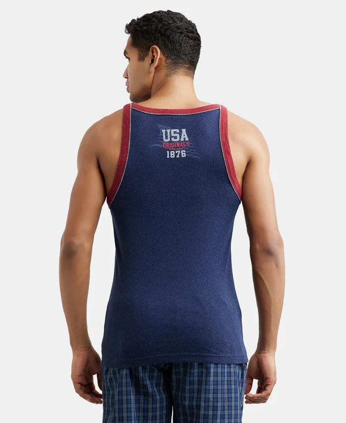 Super Combed Cotton Rib Square Neck Gym Vest with Graphic Print - Ink Blue Melange
