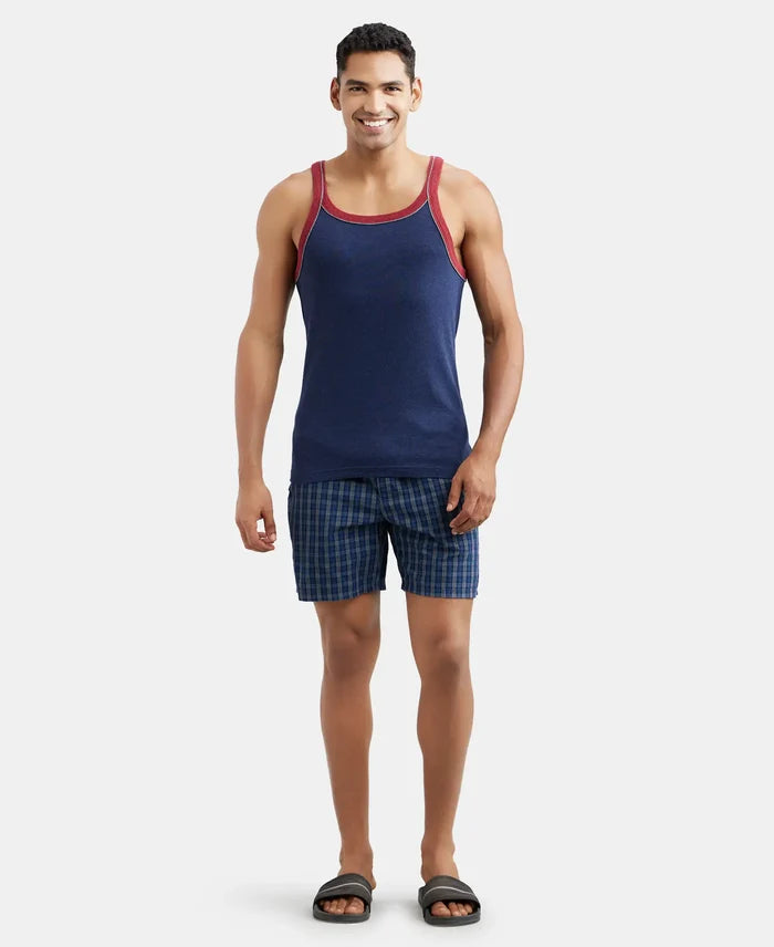 Super Combed Cotton Rib Square Neck Gym Vest with Graphic Print - Ink Blue Melange