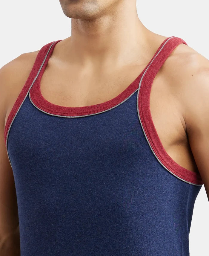 Super Combed Cotton Rib Square Neck Gym Vest with Graphic Print - Ink Blue Melange
