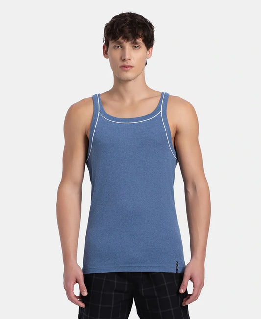 Super Combed Cotton Rib Square Neck Gym Vest with Graphic Print - Light Denim Melange