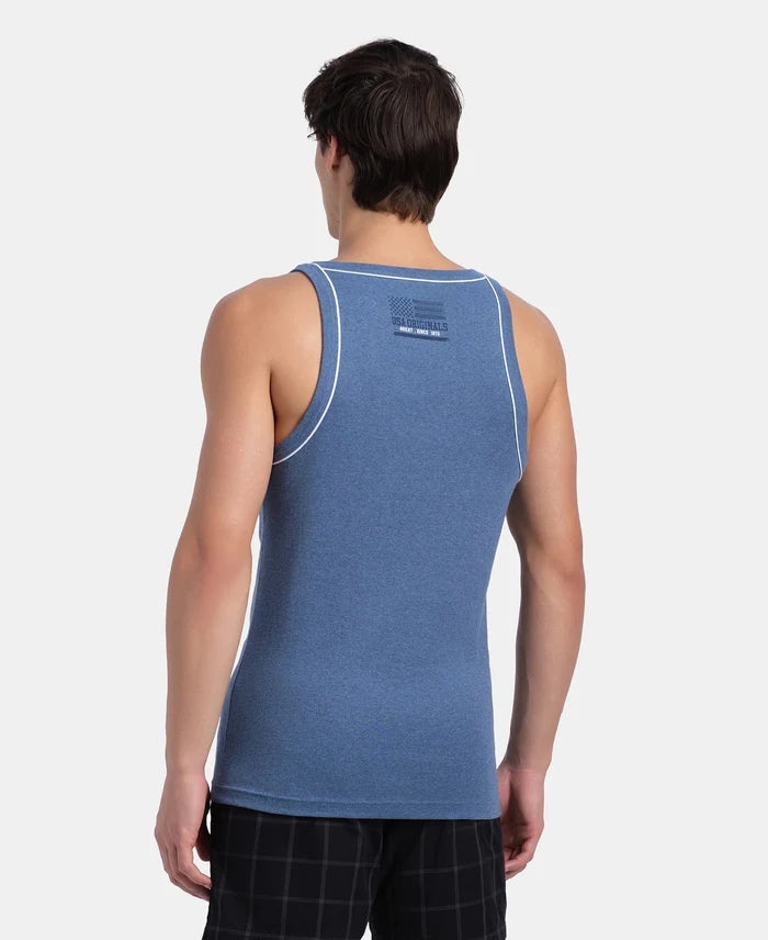 Super Combed Cotton Rib Square Neck Gym Vest with Graphic Print - Light Denim Melange