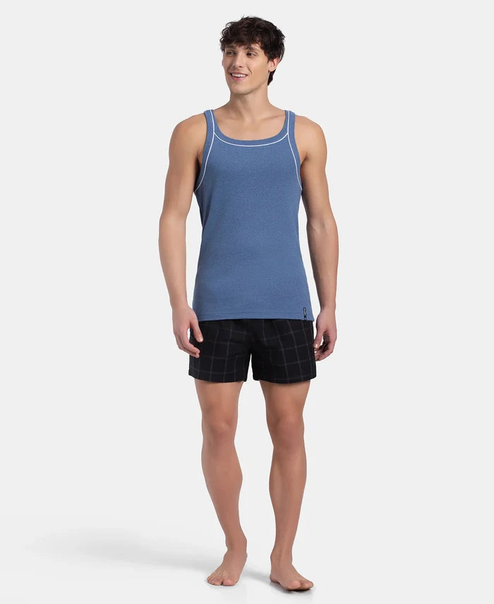Super Combed Cotton Rib Square Neck Gym Vest with Graphic Print - Light Denim Melange
