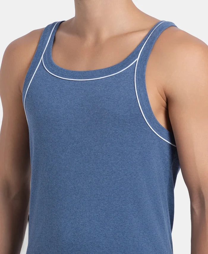 Super Combed Cotton Rib Square Neck Gym Vest with Graphic Print - Light Denim Melange