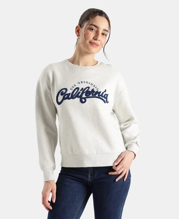 Super Combed Cotton Rich Fleece Fabric Oversized Printed Sweatshirt with StayWarm Tech - Off White Melange