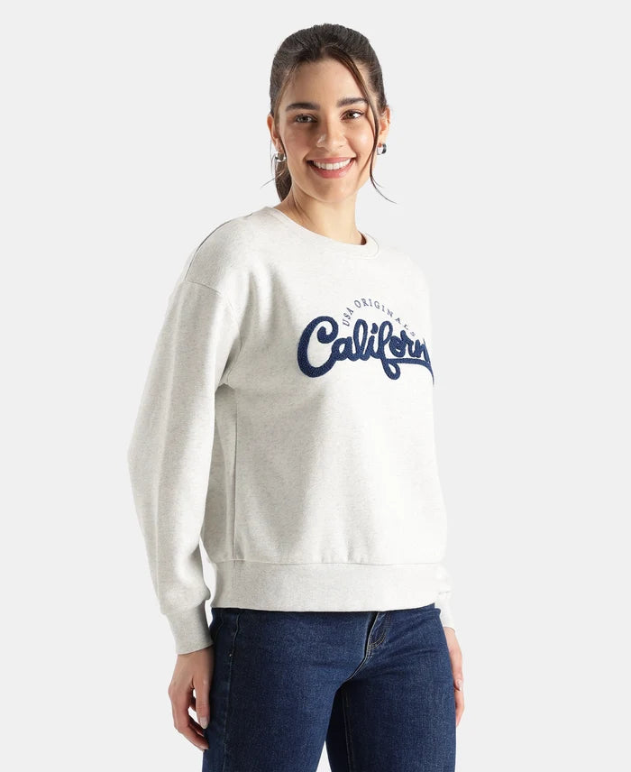 Super Combed Cotton Rich Fleece Fabric Oversized Printed Sweatshirt with StayWarm Tech - Off White Melange