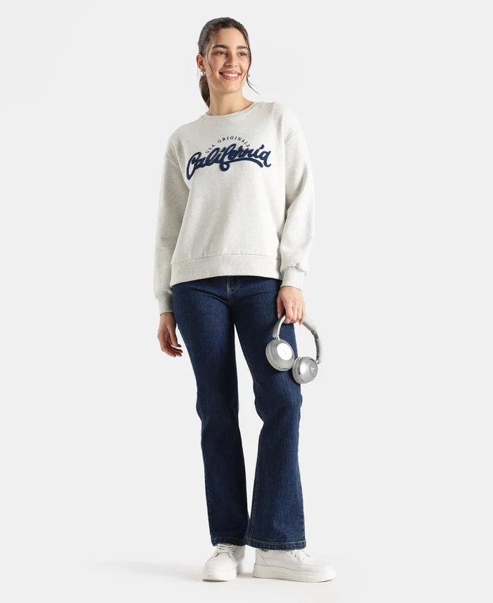 Super Combed Cotton Rich Fleece Fabric Oversized Printed Sweatshirt with StayWarm Tech - Off White Melange