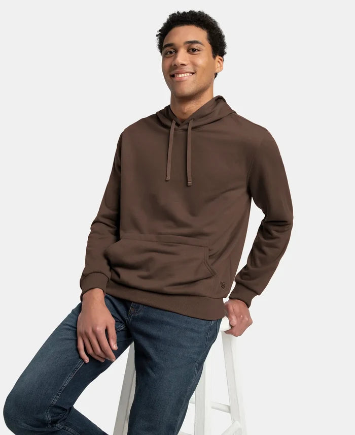 Super Combed Cotton Rich French Terry Hoodie Sweatshirt with Ribbed Cuffs - Dark Khaki