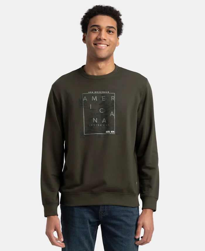 Super Combed Cotton Rich French Terry Printed Sweatshirt with Ribbed Cuffs - Deep Olive