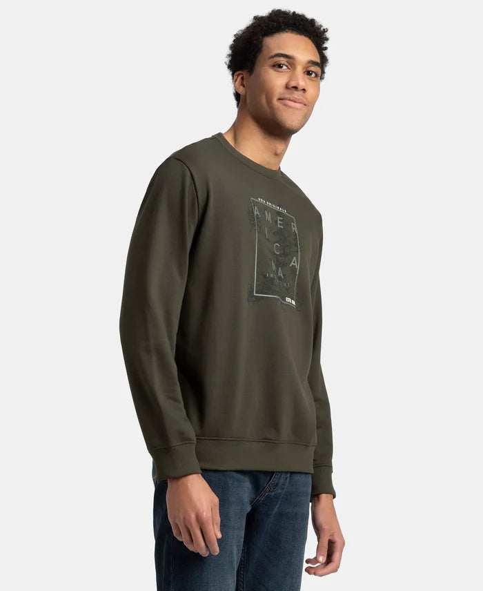 Super Combed Cotton Rich French Terry Printed Sweatshirt with Ribbed Cuffs - Deep Olive