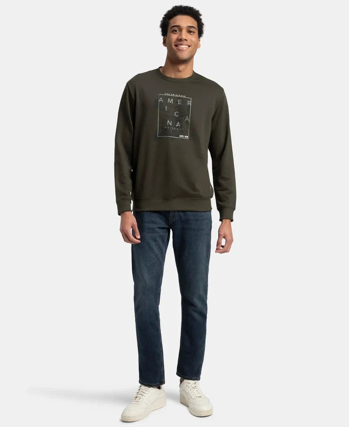 Super Combed Cotton Rich French Terry Printed Sweatshirt with Ribbed Cuffs - Deep Olive