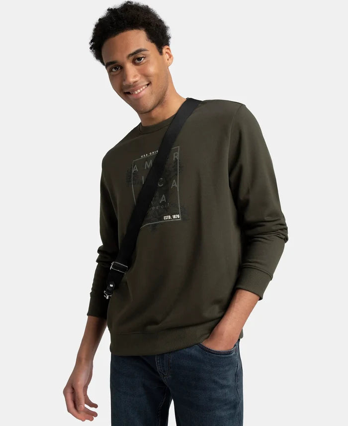 Super Combed Cotton Rich French Terry Printed Sweatshirt with Ribbed Cuffs - Deep Olive