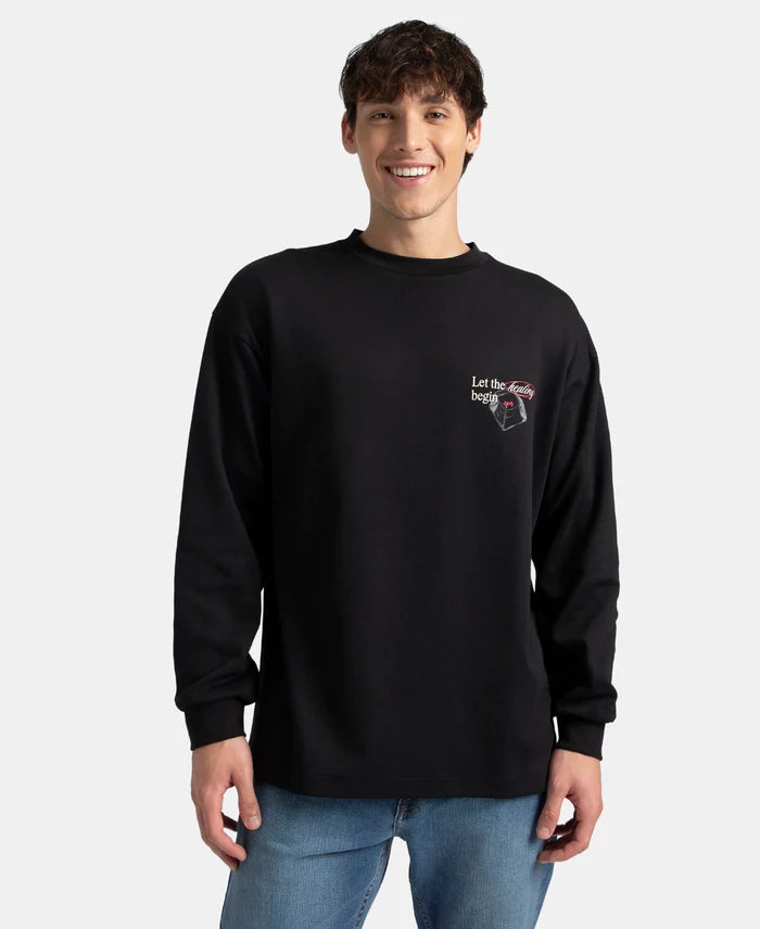 Super Combed Cotton Rich Oversized Fit Graphic Printed Full Sleeve T-Shirt - Deep Black