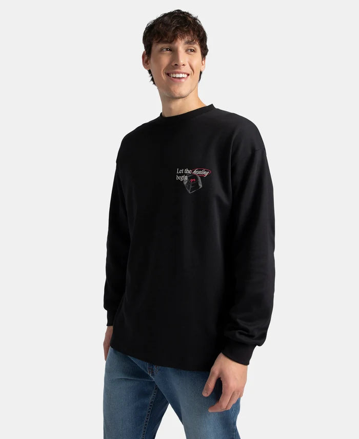 Super Combed Cotton Rich Oversized Fit Graphic Printed Full Sleeve T-Shirt - Deep Black