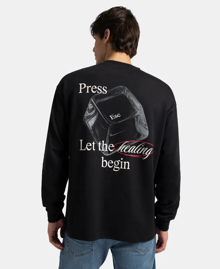 Super Combed Cotton Rich Oversized Fit Graphic Printed Full Sleeve T-Shirt - Deep Black