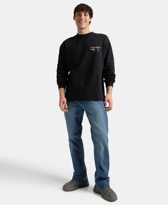 Super Combed Cotton Rich Oversized Fit Graphic Printed Full Sleeve T-Shirt - Deep Black