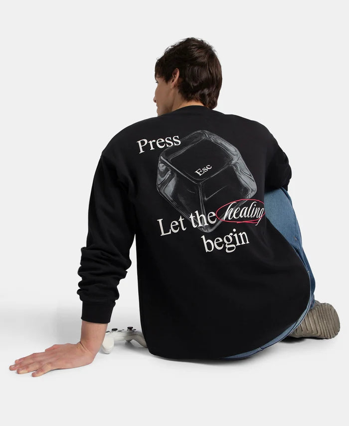 Super Combed Cotton Rich Oversized Fit Graphic Printed Full Sleeve T-Shirt - Deep Black