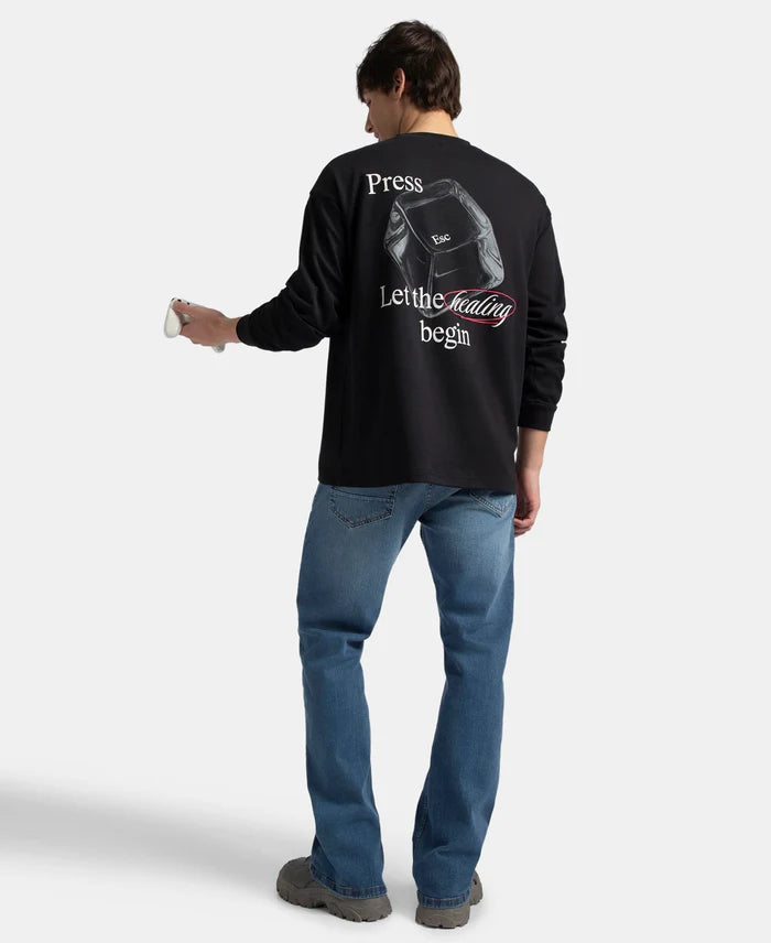 Super Combed Cotton Rich Oversized Fit Graphic Printed Full Sleeve T-Shirt - Deep Black