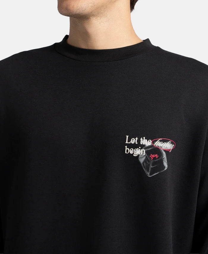 Super Combed Cotton Rich Oversized Fit Graphic Printed Full Sleeve T-Shirt - Deep Black