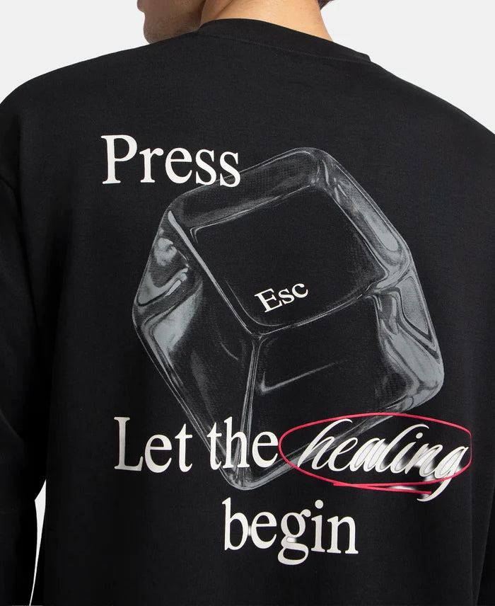 Super Combed Cotton Rich Oversized Fit Graphic Printed Full Sleeve T-Shirt - Deep Black