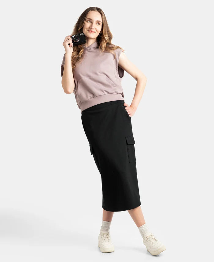 Super Combed Cotton Rich Pique Fabric Cargo Skirt with Inner Drawstrings - Black