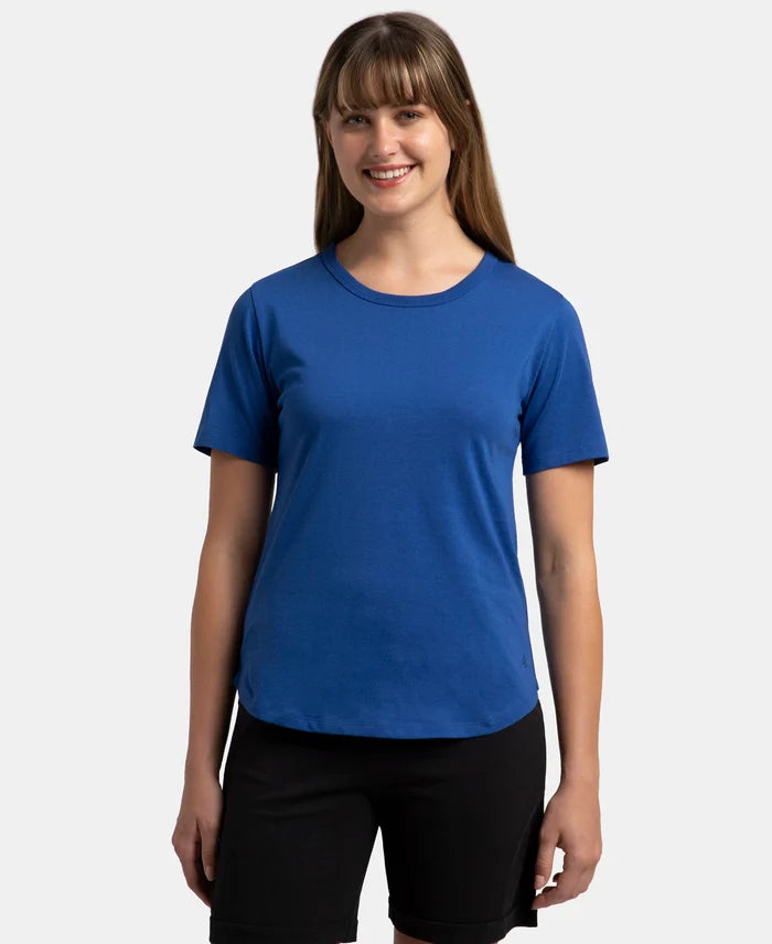 Super Combed Cotton Rich Relaxed Fit Solid Curved Hem Styled Half Sleeve T-Shirt - Mazarine Blue